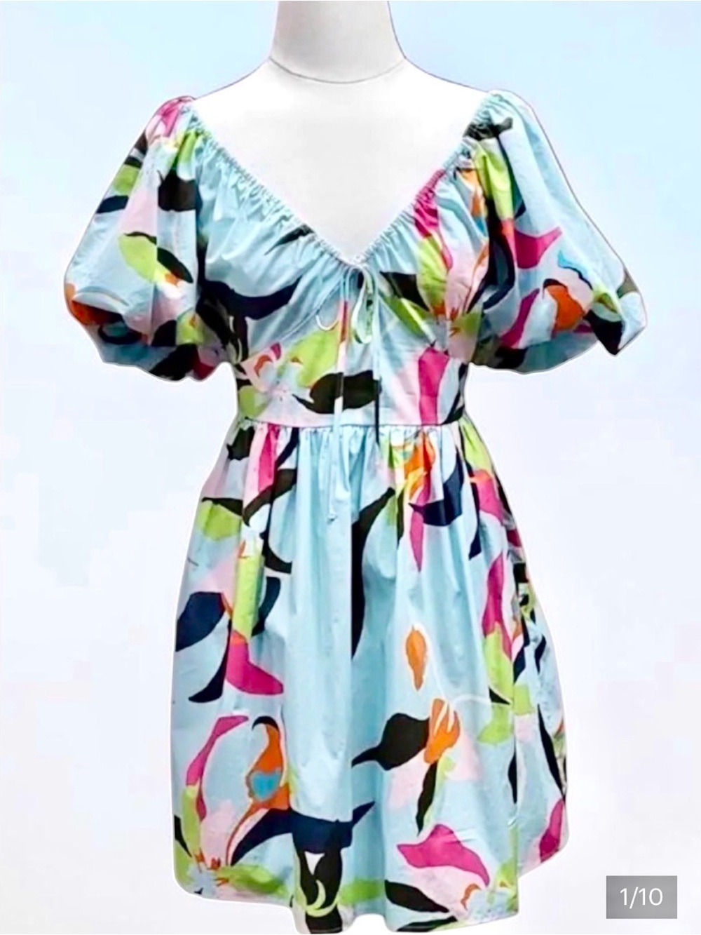 Smocked Floral-Print, Puff-Sleeve Baby Blue SUMMER Minidress Pockets